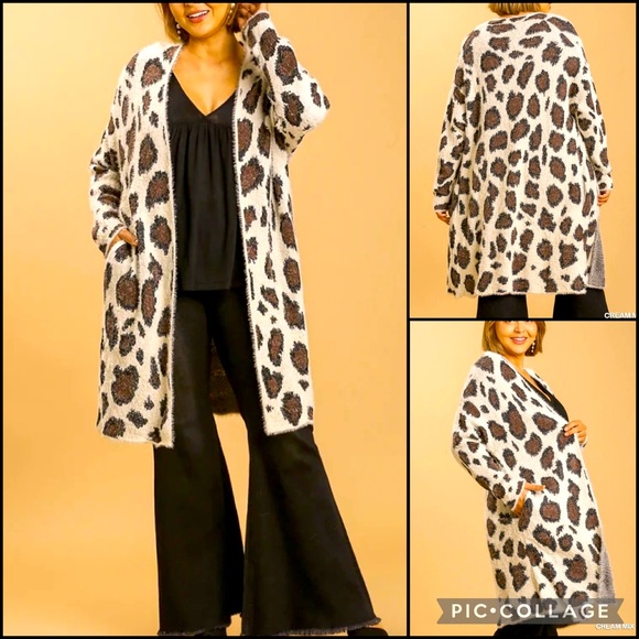 Umgee Fuzzy Eyelash Leopard Longline Open Front Cardi Cardigan Sweater - Picture 2 of 13